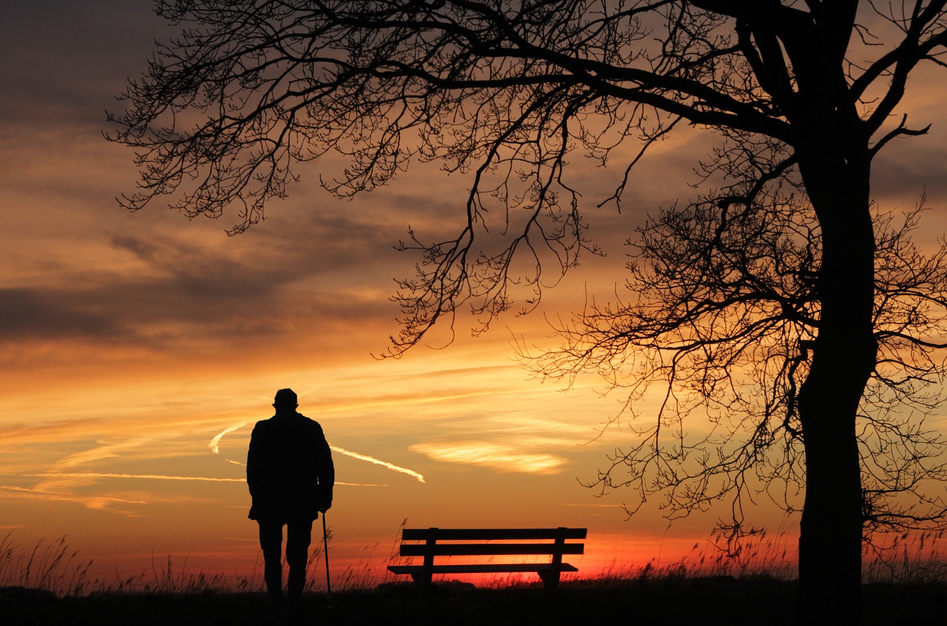 silueta de hombre mayor sobre un fondo de puesta de sol