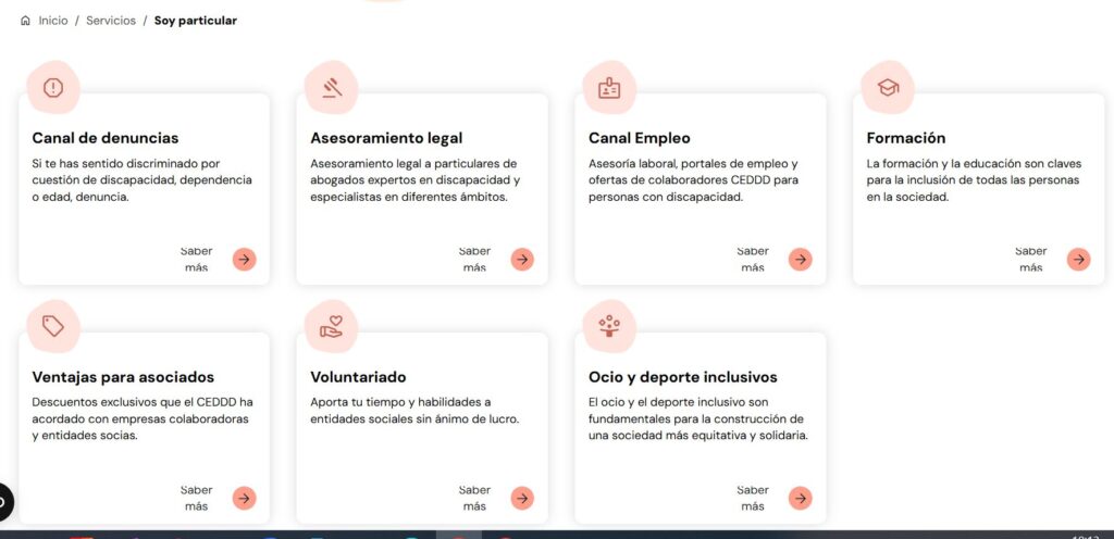 Captura del catálogo de servicios a particulares de CEDDD