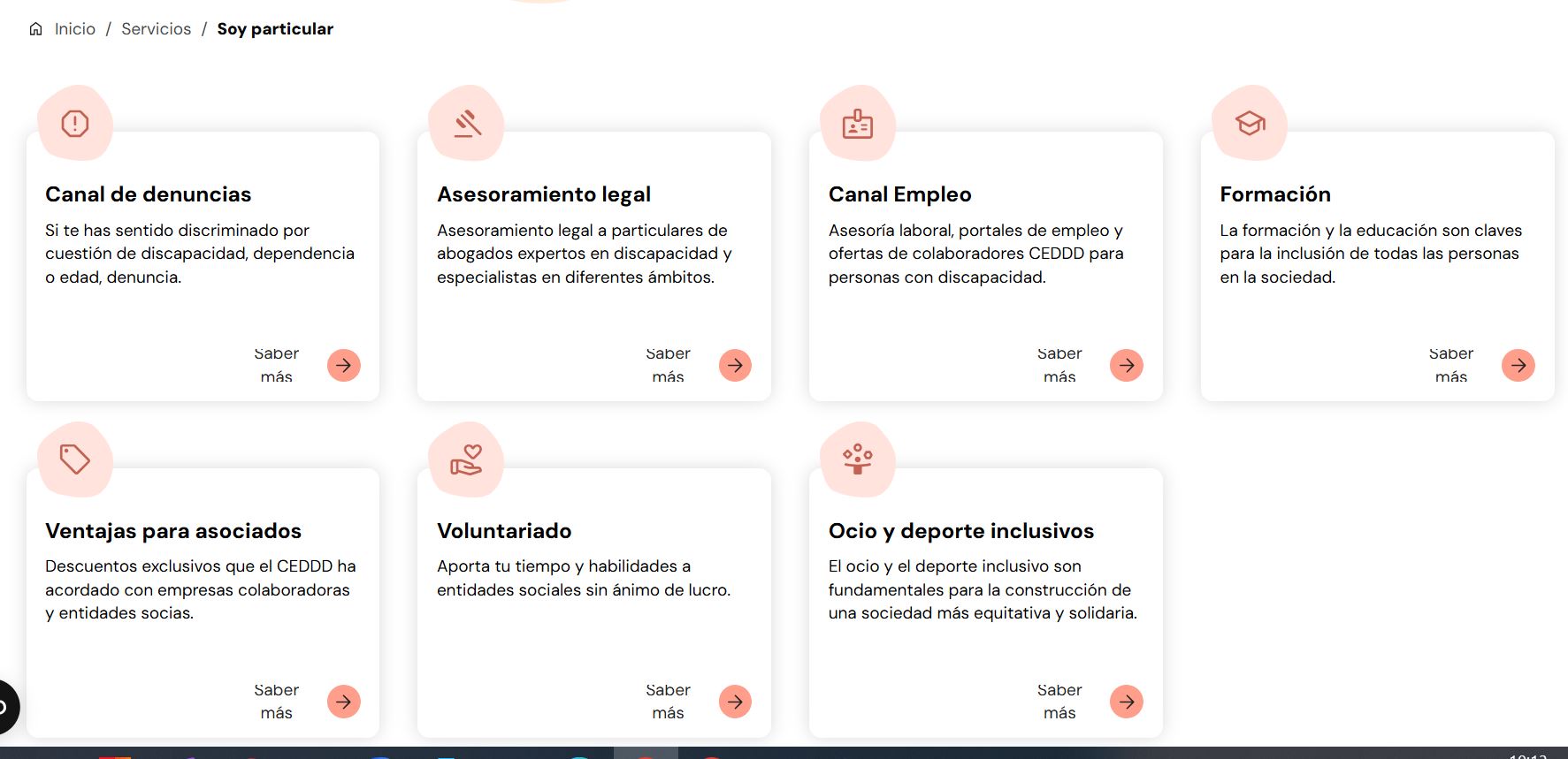 Captura del catálogo de servicios a particulares de CEDDD
