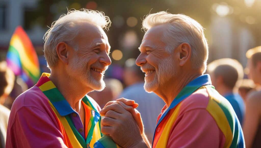 dos hombres mayores celebran el día del orgullo
