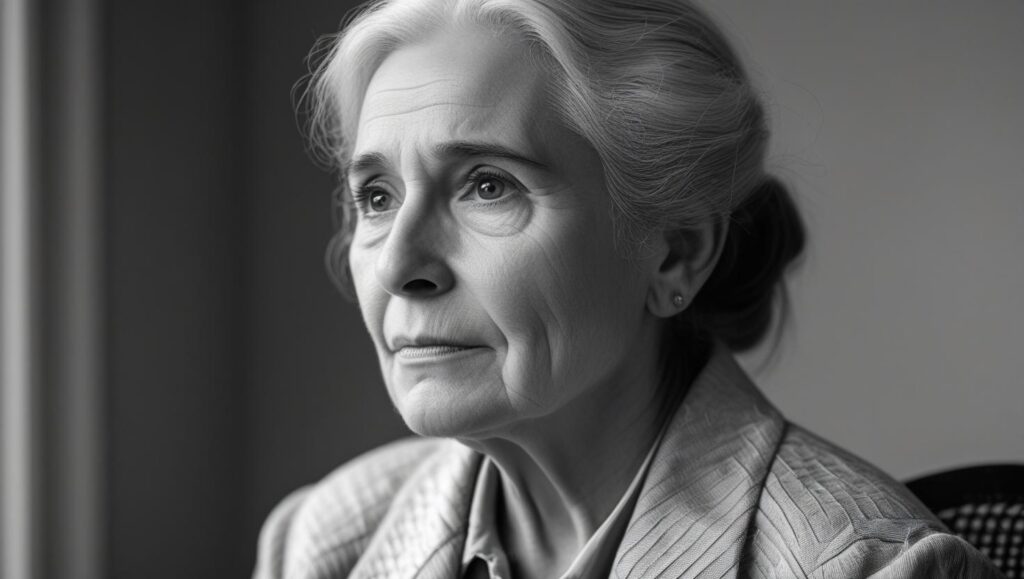 una mujer mayor, con el pelo cano, en una fotografía en blanco y negro. Es sordociega