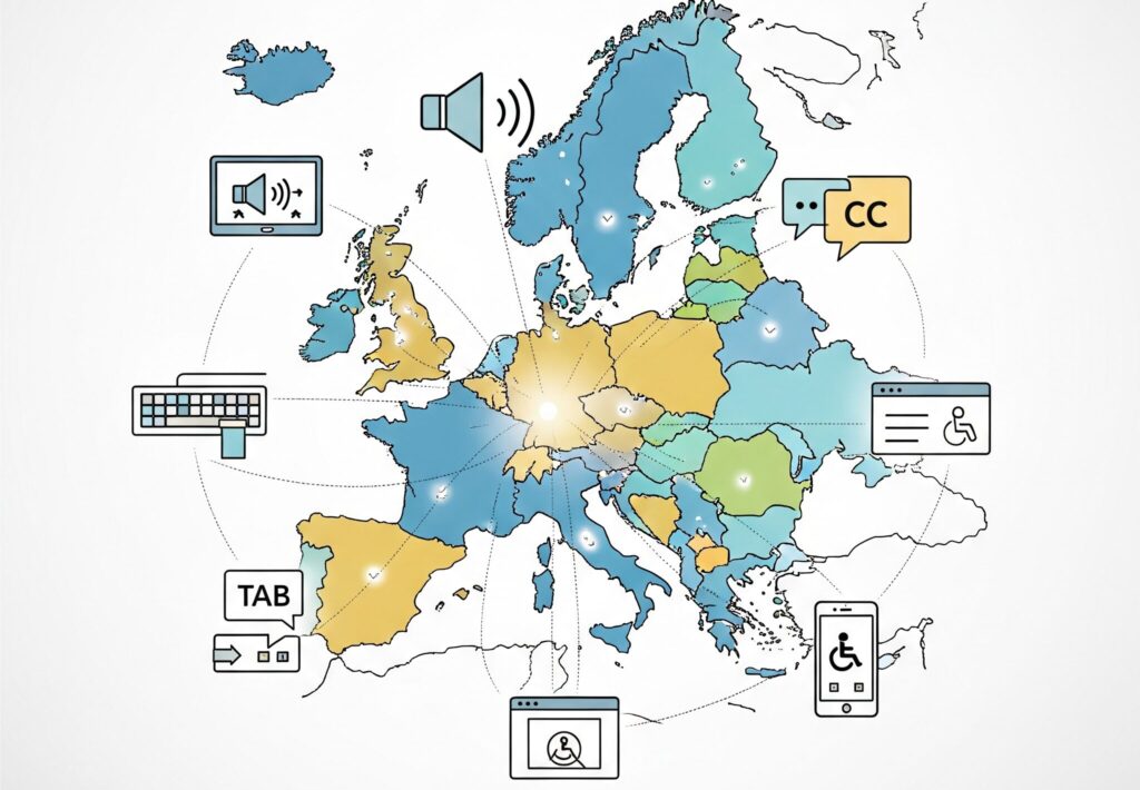 un mapa europeo rodeado de iconos de accesibilidad