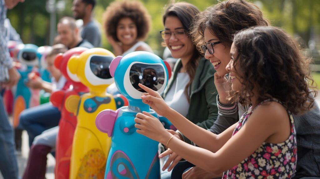 varias mujeres jovenes interactúan con robots de colores