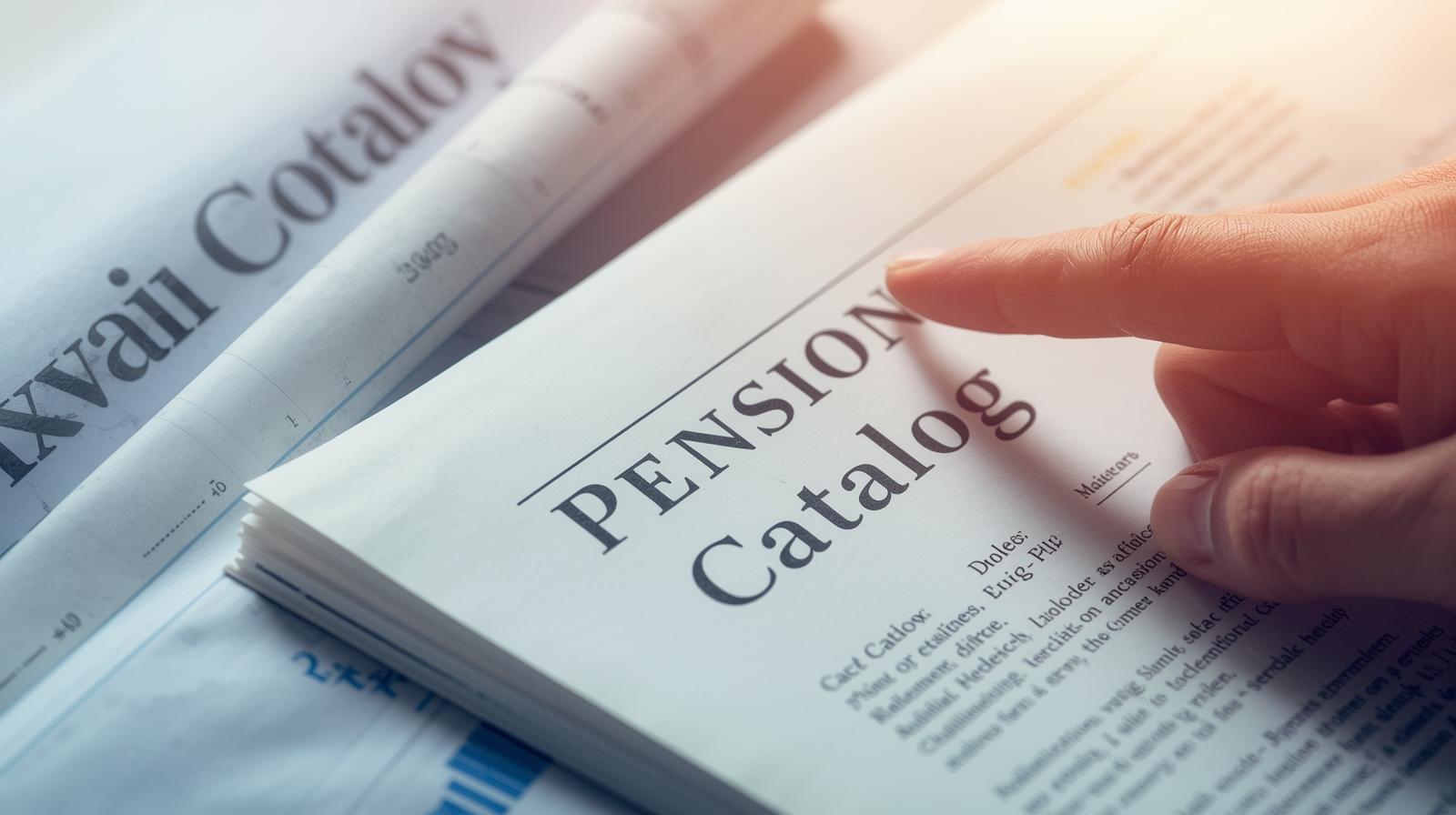 imagen creada por IA de un periódico con titular sobre catálogo de pensiones y el dedo índice de una persona sobre él