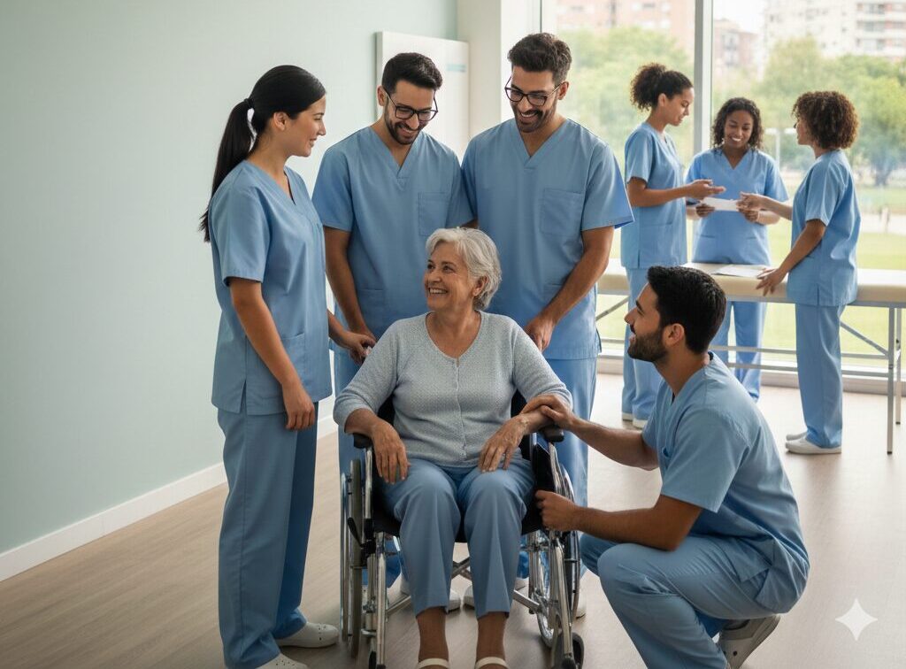 una enfermera y tres enfermeros rodean a una mujer mayor sentada en una silla de ruedas