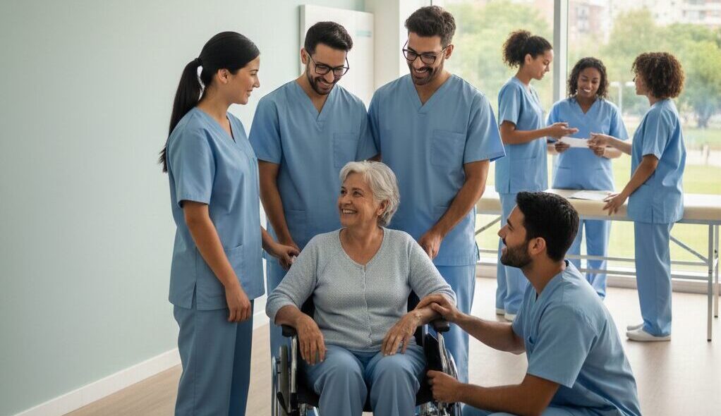 una enfermera y tres enfermeros rodean a una mujer mayor sentada en una silla de ruedas
