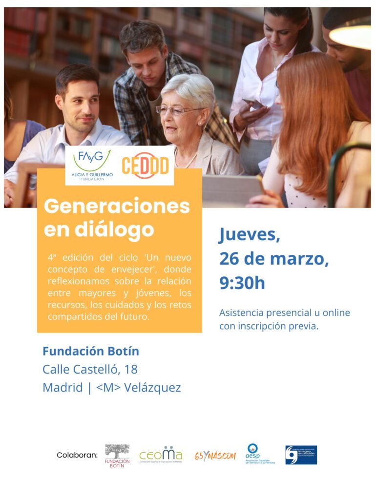 Cartel de la jornada Generaciones en diálogo, con una foto de una mujer de más edad charlando con un chico y una chica más jóvenes.