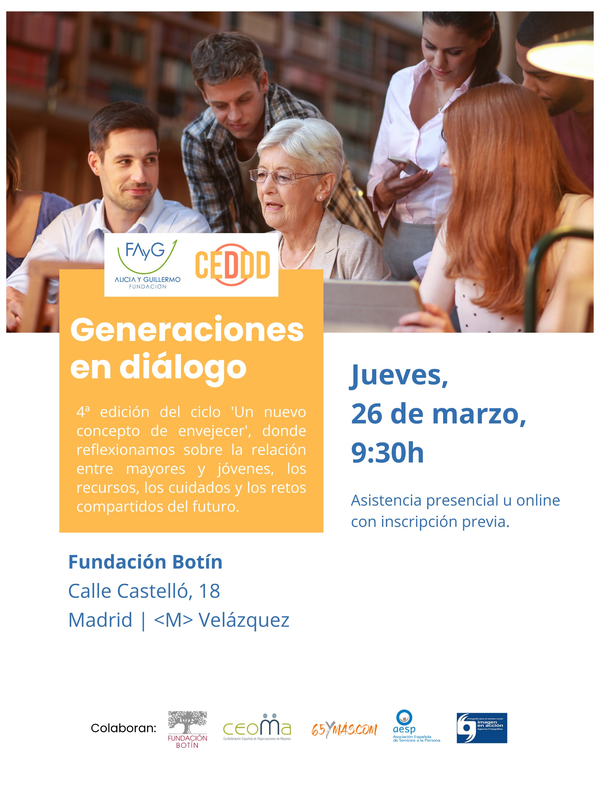 Cartel de la jornada Generaciones en diálogo, con una foto de una mujer de más edad charlando con un chico y una chica más jóvenes.