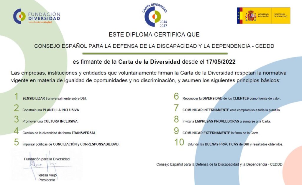 Diploma certificativo de la firma de la carta de la diversidad por parte de ceddd