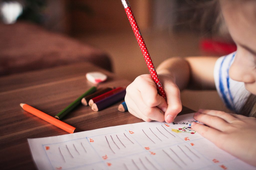 una niña hace ejercicio en un papel, con un lápiz, por el día de la Educación