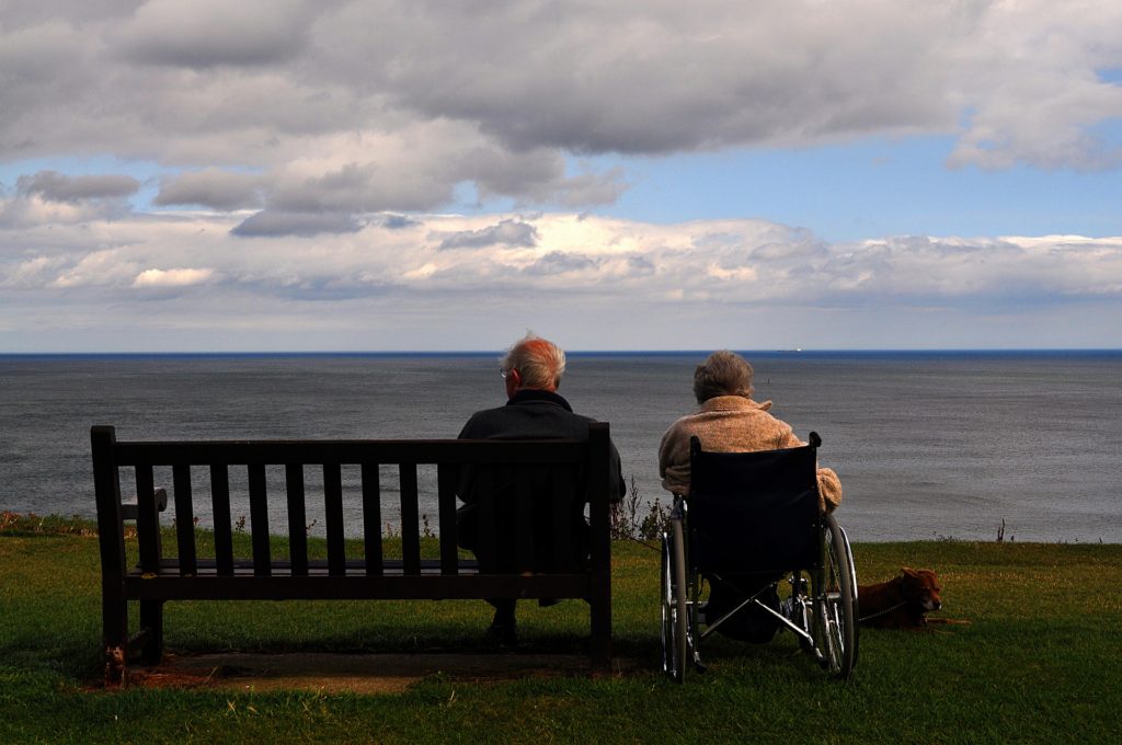 dos personas, una en silla de ruedas, miran el mar.