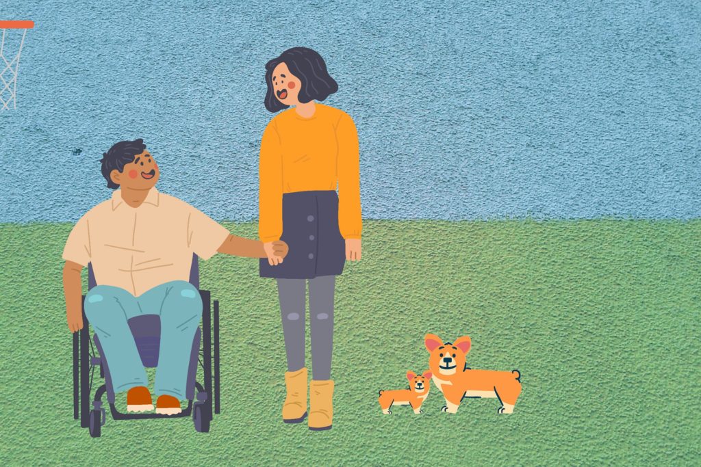 dibujo de hombre en silla de ruedas y mujer dándole la mano. A su lado, dos perritos.