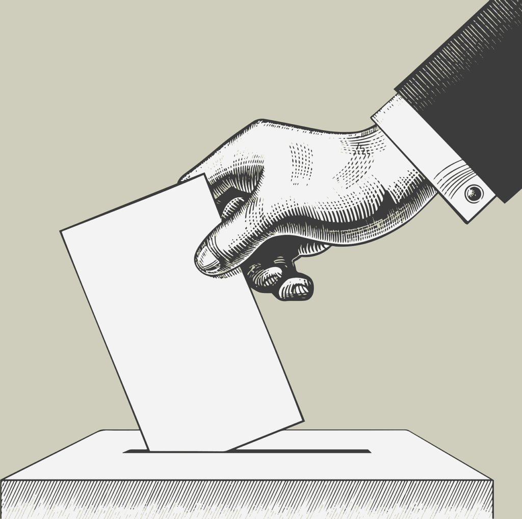 dibujo de una mano masculina introduciendo un voto en una urna electoral