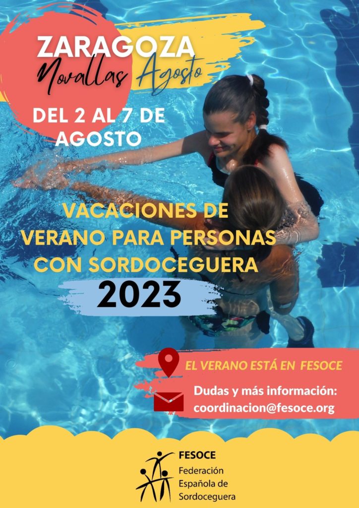 cartel de vacaciones FESOCE, con dos personas en una piscina